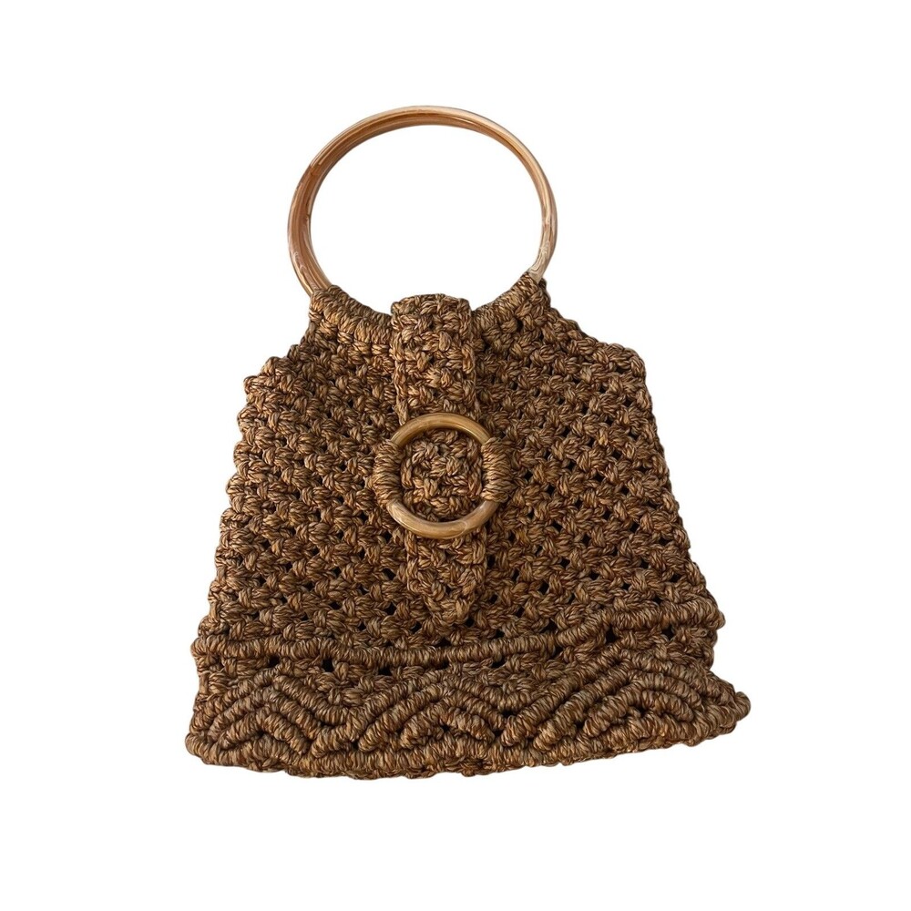 70s Boho Macrame Satchel Purse Jute Hemp Twine Ring Loop Closure Lucite Details